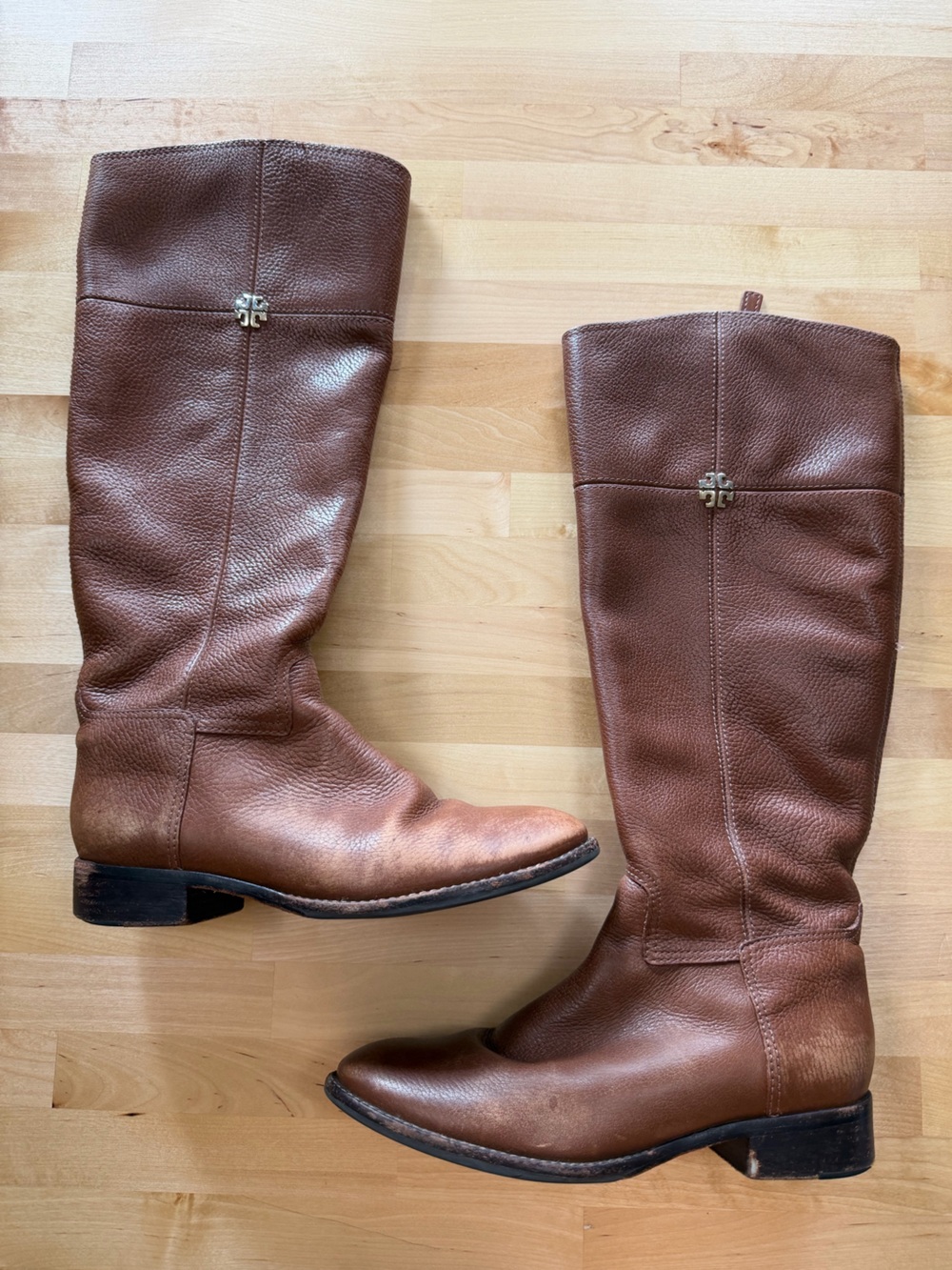 Tory Burch Brown Pebbled Leather Tall Riding Boots Gold Logo 8.5